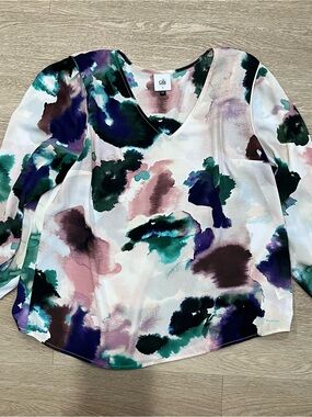 CAbi Abstract Watercolor V-Neck Blouse